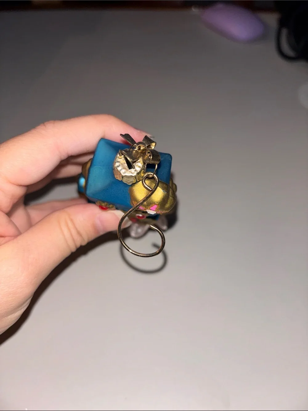 Blue Robot Heart Ornament with Pink Skirt and Gold Accents